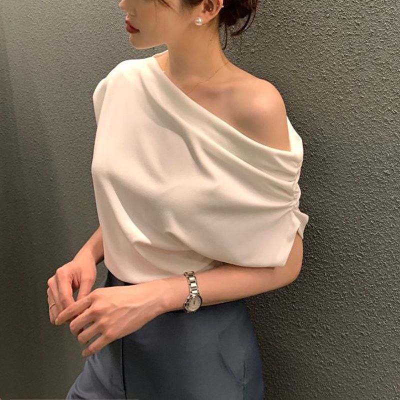 Korean Chic Top Summer New Niche Asymmetrical Shoulder Design Loose Pure Color Pullover Short-Sleeved T-Shirt