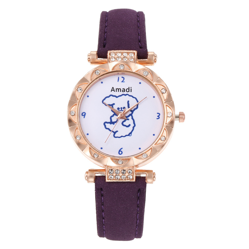 Orologio selezionato 2024 minimalista e carino piccolo orso, set di due pezzi di bracciali a stella per orologi da donna, pelle smerigliata per orologi al quarzo da donna_voghion.com