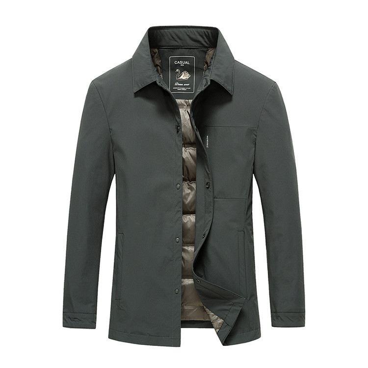 Goose down Jacket with Business-Style Nylon Wrinkle-Effect Fabric, Filled with 90% White Goose down According to National Standards, Men's Turn-Down Collar Shirt-Style Buttoned Jacket