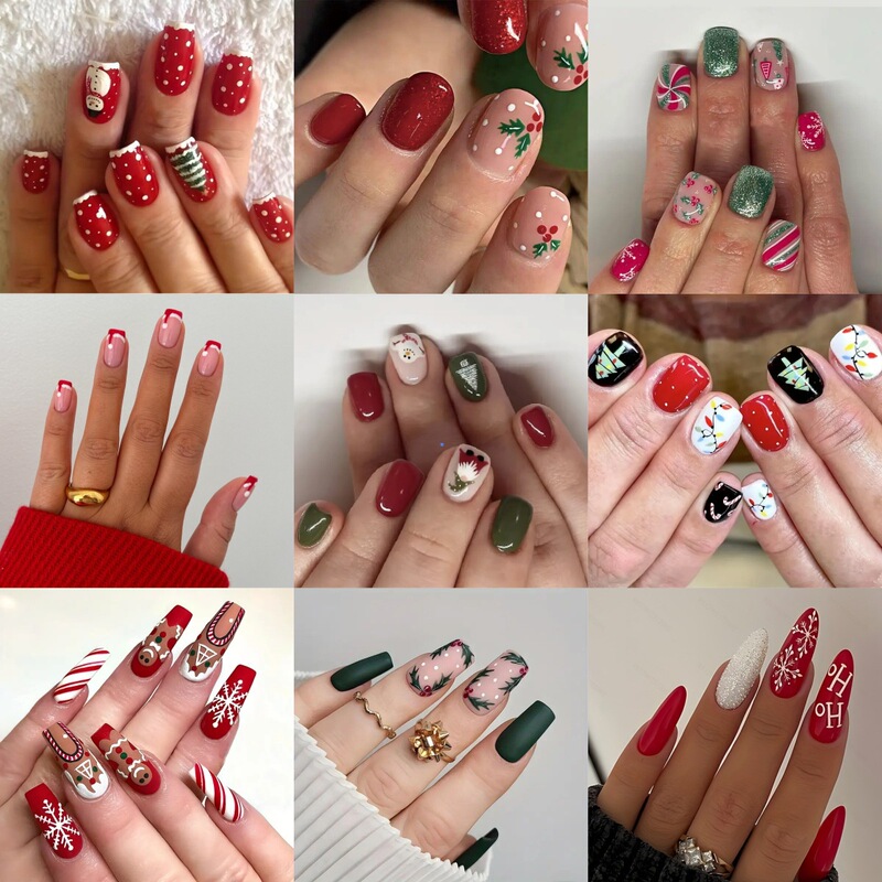 Autumn and Winter Ins Style Wearable Nails French Christmas Hat Manicure Pieces Short Jelly Stickers Fake Nails 24 Pieces Boxed Nails