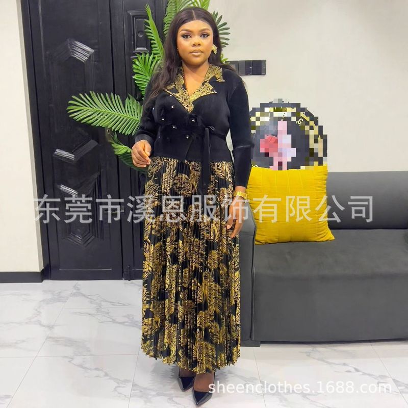 Miayki三宅烫金羽毛钉珠西装领褶皱系带大码连衣裙女装跨境新dres|undefined