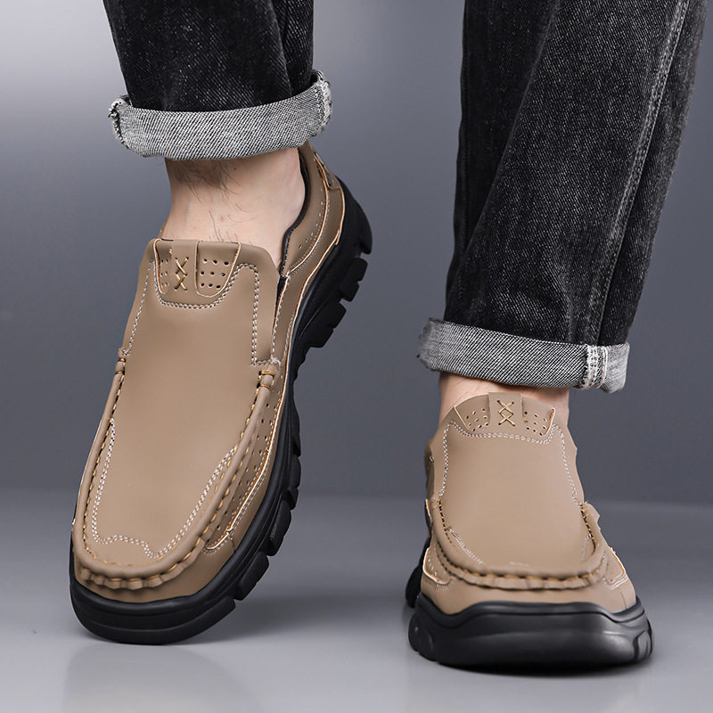 Giày lười nam da mềm đế bằng chống trượt miệng nông thoáng khí — kaki, đen