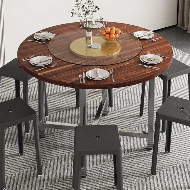 大圆桌面板家用餐桌实木圆桌带转盘复古圆台面餐厅酒店饭桌商用