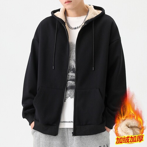 Overseas Brand Fleece-lined Thick Winter Cap Hooded Lamb Wool Men's Unisex Pullover Sweatshirt Men's Warm Trendy Top