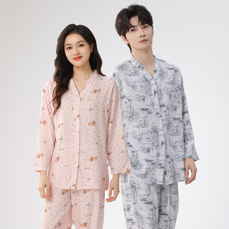 Couple's Summer Cotton Pajamas, Suitable for Outdoor Wear, Men's and Women's Short-Sleeve and Short-Pants Sets, Loungewear, Long-Sleeve and Long-Pants Air-Conditioning Clothing