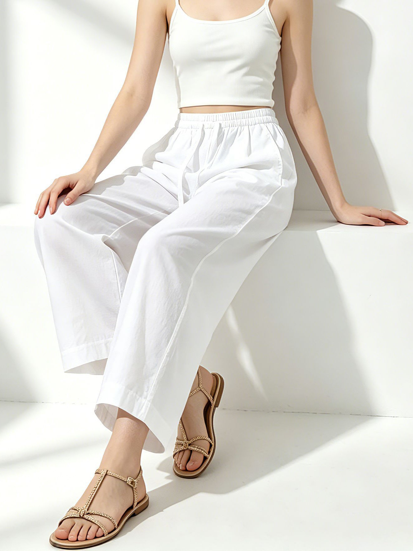 Quần culottes nữ ống rộng cạp thun dây rút, dáng suông rộng, dài 9 phần, chất cotton mềm mại — Ben trắng