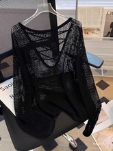 黑白条纹冰丝针织衫女夏网衫长袖宽松慵懒风防晒罩衫辣妹镂空上衣