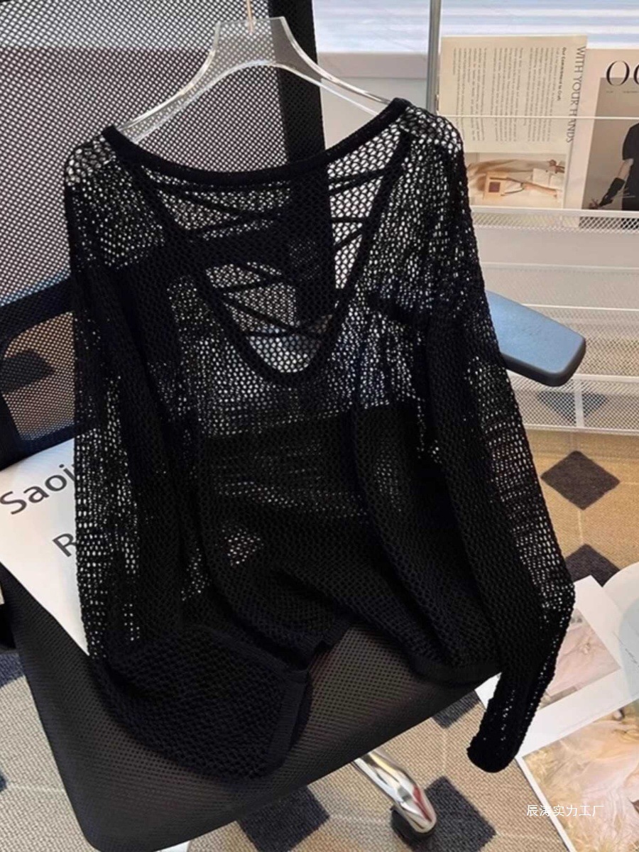 黑白条纹冰丝针织衫女夏网衫长袖宽松慵懒风防晒罩衫辣妹镂空上衣