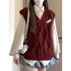 学院風の赤い怠惰な復古シャツは馬甲を重ねて初秋vネックのゆるい袖なしニットベストを着ている