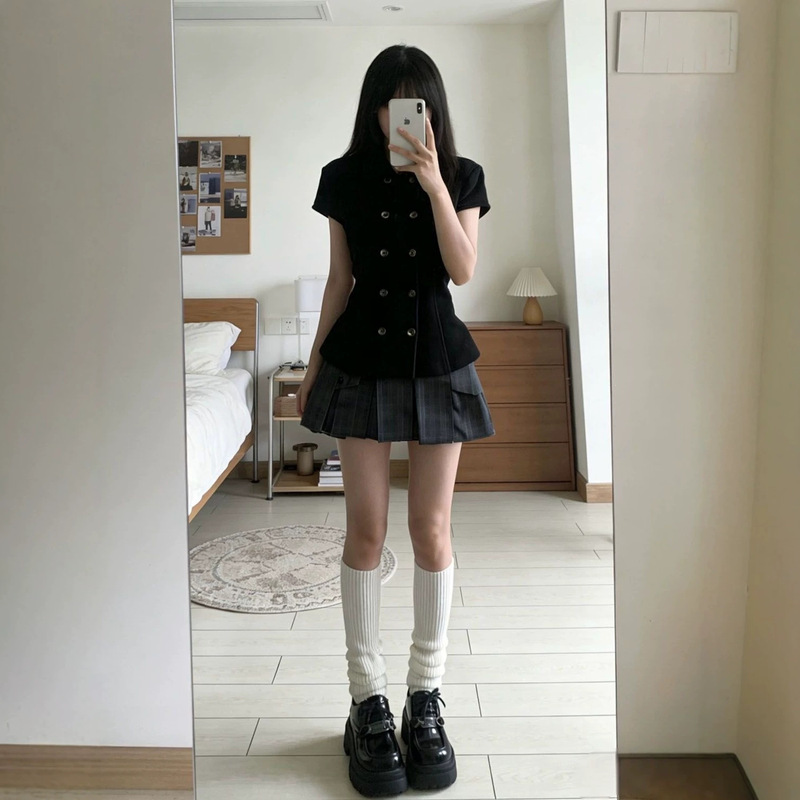 【Echoes of Ancient Alleys】2026 vintage retro style black shirt top, pure cotton ribbed, for petite women 【Echoes of Ancient Alleys】2026 vintage retro style black shirt top, pure cotton ribbed, for petite women