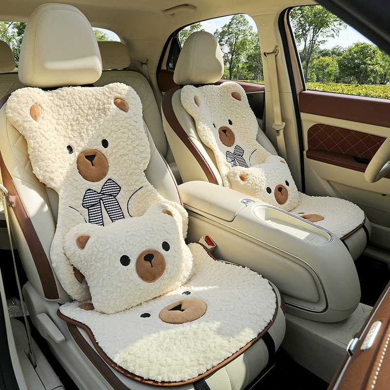 Зимний комплект из трех предметов: накидка на автомобильное сиденье из короткого плюша, универсальная, для одного сиденья, на водительское сиденье, с рисунком медведя, нескользящая, утолщенная подушка.