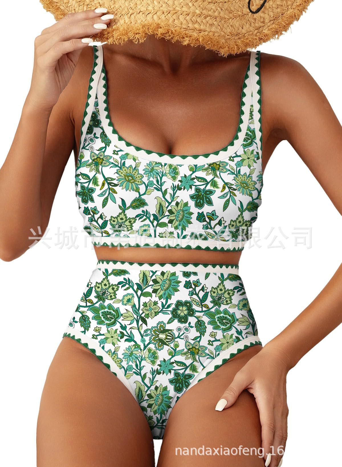 2025 Europa y los Estados Unidos transfronterizos de moda femenina set de flor impresión de bloqueo costura 2 piezas set de traje de baño de cintura alta baja cuello redondo nadador