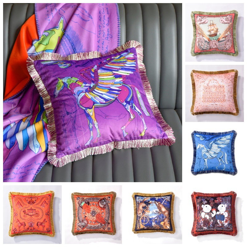 Cross-Border Light Luxury European Tassel Double-Sided Printed Square Pillow Hotel Model Room Decorative Cushion Sofa Waist Pillow Cushion