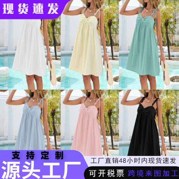 2026 European and American Amazon Summer/Autumn New Fashionable and Comfortable Mini Tie-Waist Solid Color Loose Strap Dress 2026 European and American Amazon Summer/Autumn New Fashionable and Comfortable Mini Tie-Waist Solid Color Loose Strap Dress