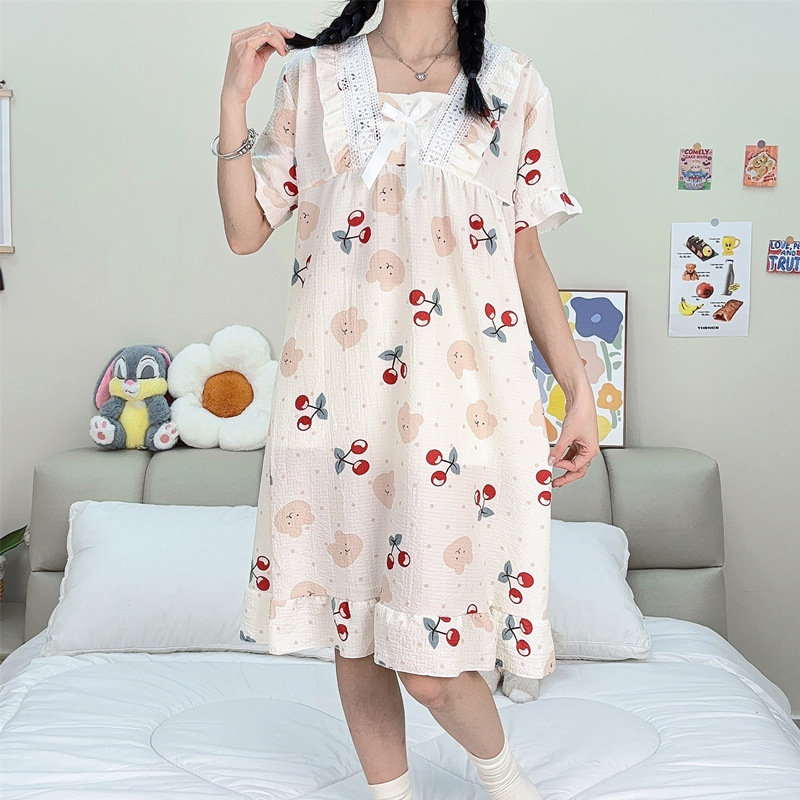 Pijama de mujer de verano tejido espuma tejida tela arrugada pijama de mangas cortas princesa vestido de viento suelto vestido de casa de verano