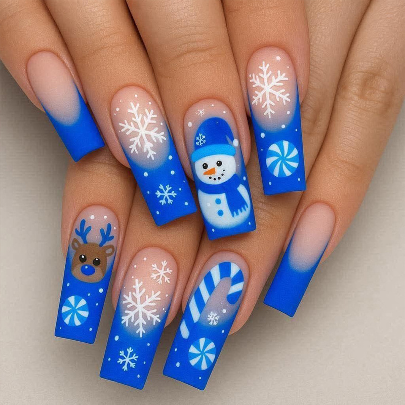 Christmas nails with long tubes, elegant gradient blue snowflake, reindeer, snowman, polka dot patterns, detachable fake nails Christmas nails with long tubes, elegant gradient blue snowflake, reindeer, snowman, polka dot patterns, detachable fake nails