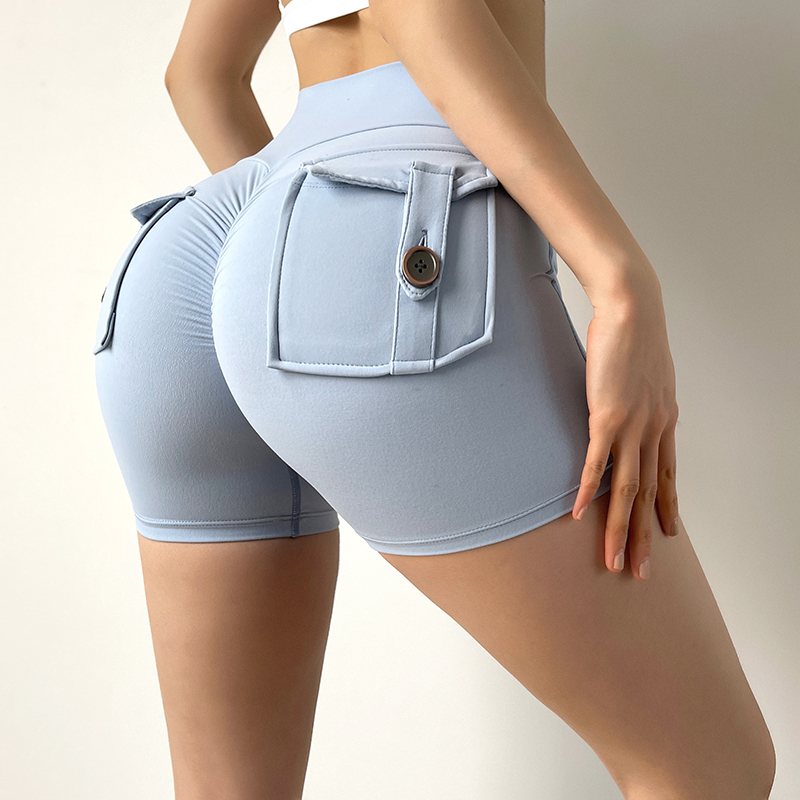 Cross-Border Pocket Cargo Fitness Shorts for Women, Butt-Lifting Tight Three-Point Yoga Shorts, Sexy Sports Shorts, Peach Butt