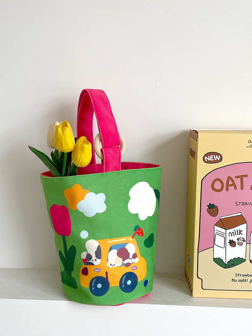 Lindo color de contraste de dibujos animados cubo bolsa de almuerzo portátil bolsa de trabajo lonchera bolsa portátil momia bolsa de mano que lleva bolsa de lona para las mujeres