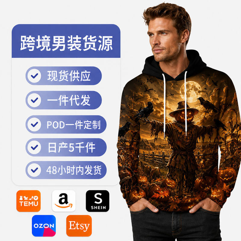 Cross-border pod clothing men's hooded sweatshirt 3D digital printing autumn pullover hoodie European and American plus size factory