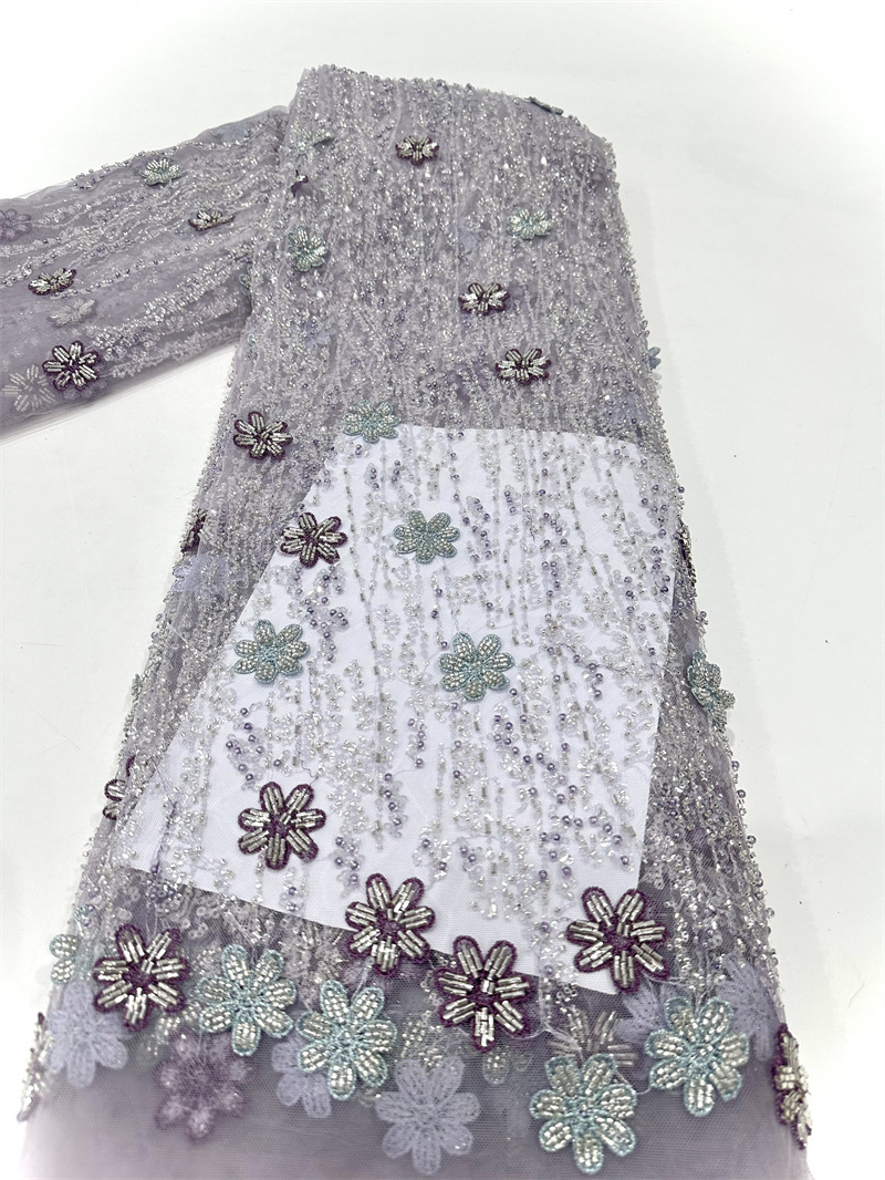 Multicolor decalca hecha a mano tubo de perlas bordado tela de malla pequeña cena de hadas fresca vestido de boda tela de vestido