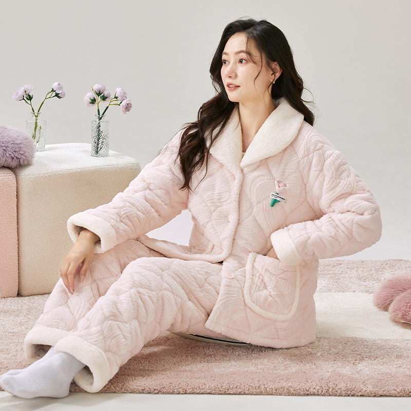 산호 벨벳 커플 파자마 여성의 겨울 3 층 면 따뜻한 유지 남성의 간단한 캐주얼 한국식 플란넬 홈 옷