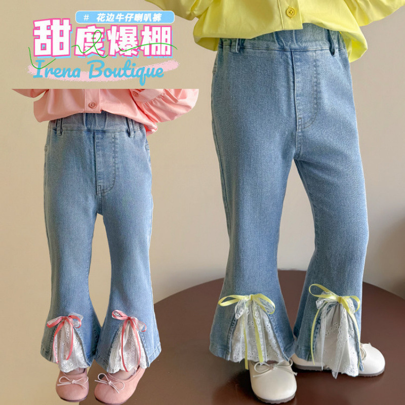 女童秋季洋气蝴蝶结牛仔裤2025新款儿童时尚女宝宝百搭花边喇叭裤|undefined