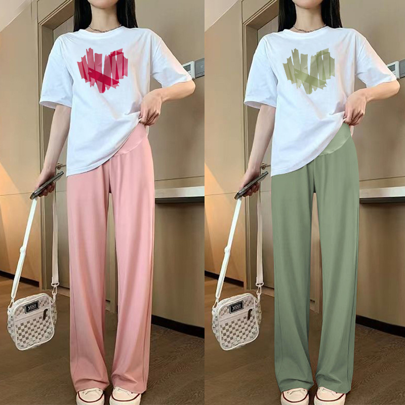 in stock Maternity Summer New Casual suit Fashion Printed Cotton Short Sleeve Top Ice Silk Pants