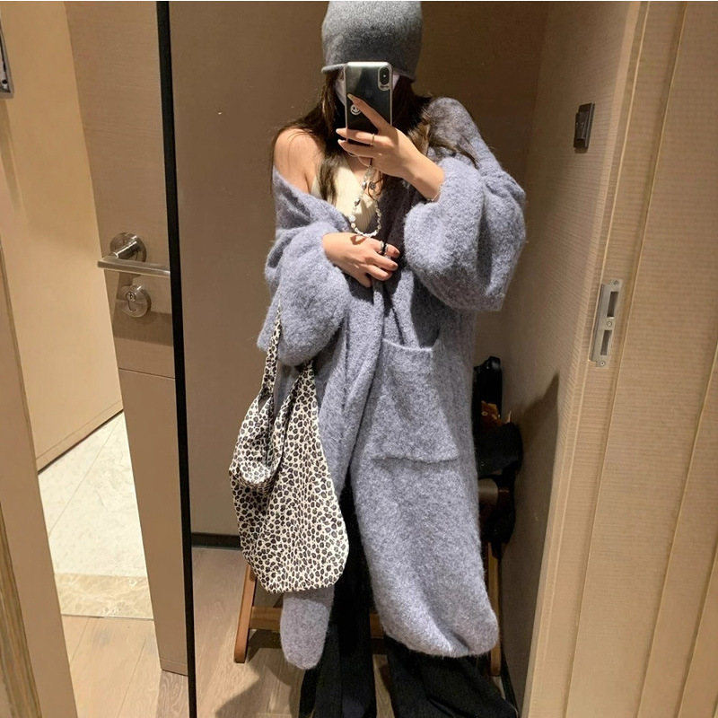韩系软糯高级感慵懒风中长款针织开衫女秋冬加厚宽松毛衣外套大衣|undefined