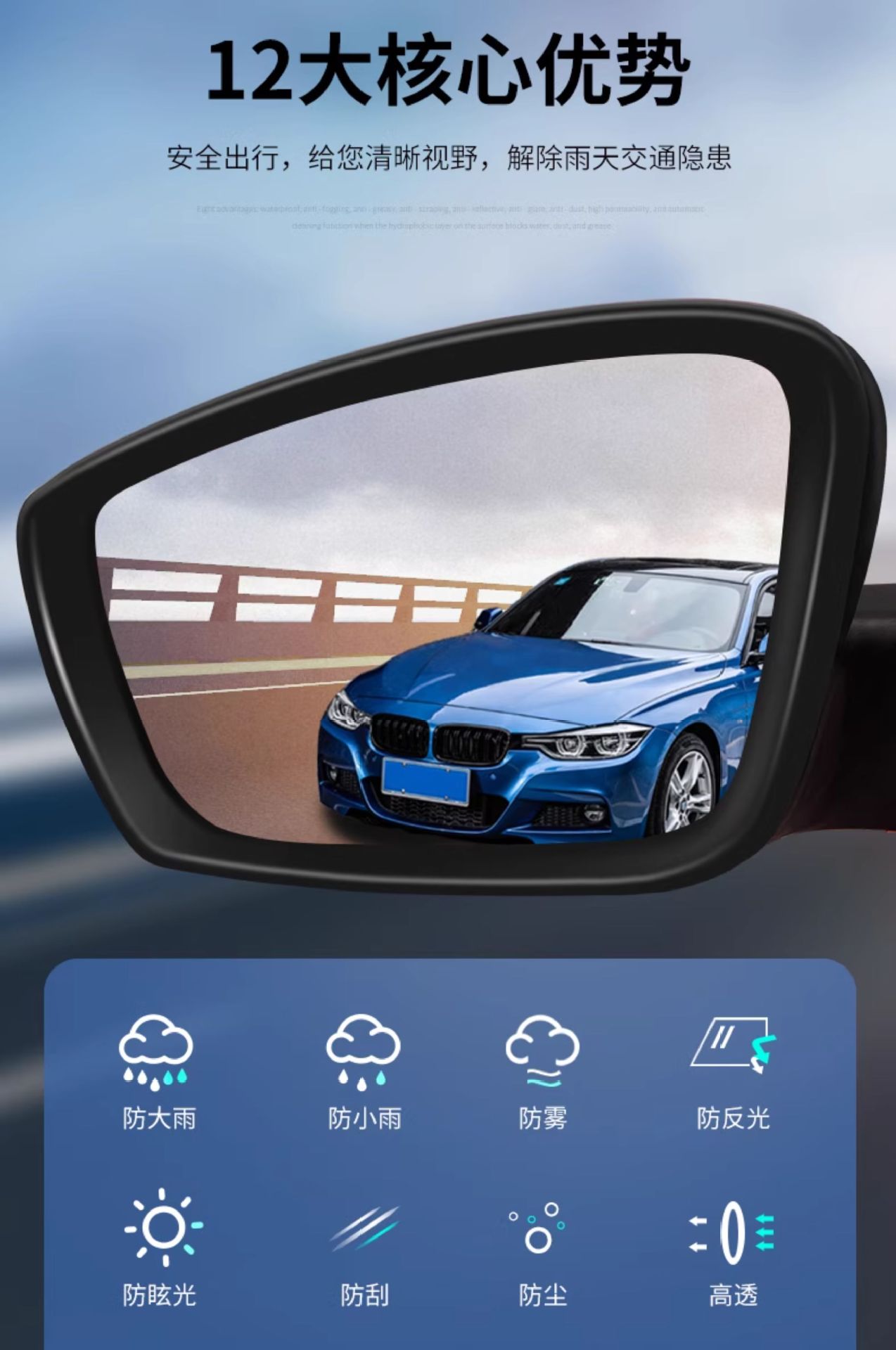 Car Rain-Proof Film, Anti-Fog Film, Anti-Reflective Mirror, Rain-Proof Sticker Film, Rearview Mirror Glass, Waterproof and Anti-Fog Car Supplies