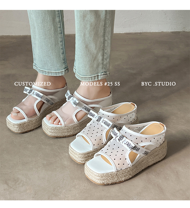 Sandal hở mũi nữ đế xuồng lưới chấm bi gót độn cao 2025 — Chấm bi trắng, Màu trắng chi tiết 21
