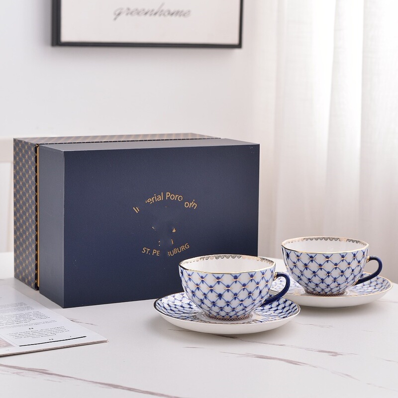Russian Royal Porcelain Afternoon Tea Cup High-Looking Cobalt Blue Mesh Series Bone China Coffee Cup Double Cup and Saucer Set