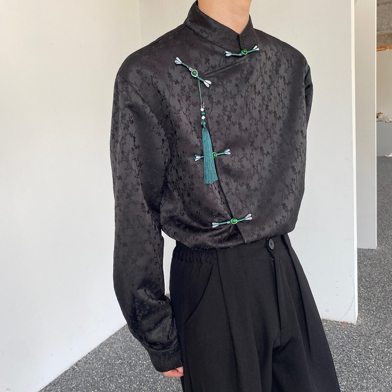 秋新中式缎面提花盘扣立领长袖男女衬衣流苏压襟国风衬衫1905105