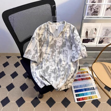 2025跨境外贸潮流新款文艺百搭慵懒气质扎染V领脏脏短袖T恤男夏季