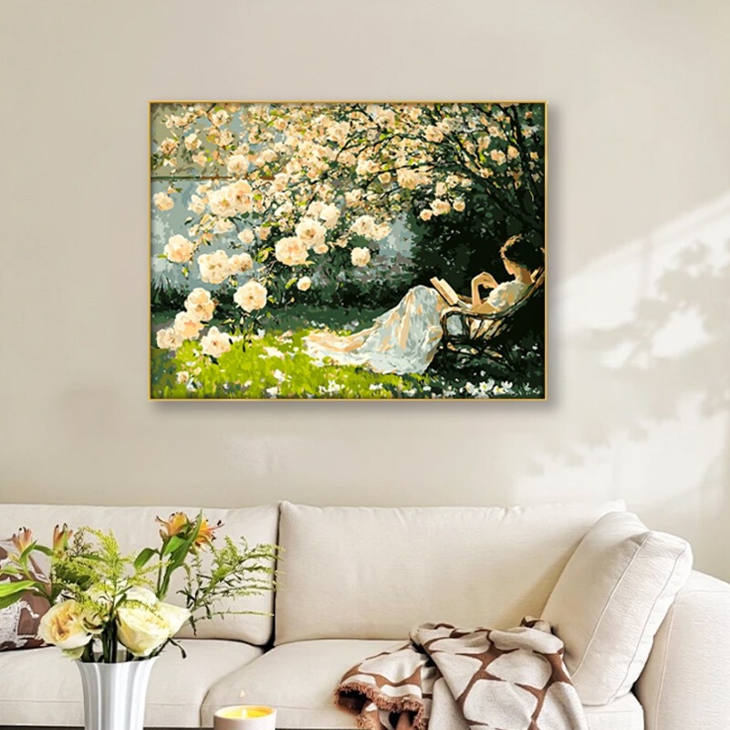 French vintage garden girl reading decorative photo frame horizontal impression oil painting living room homestay soft decor hanging frame wholesale