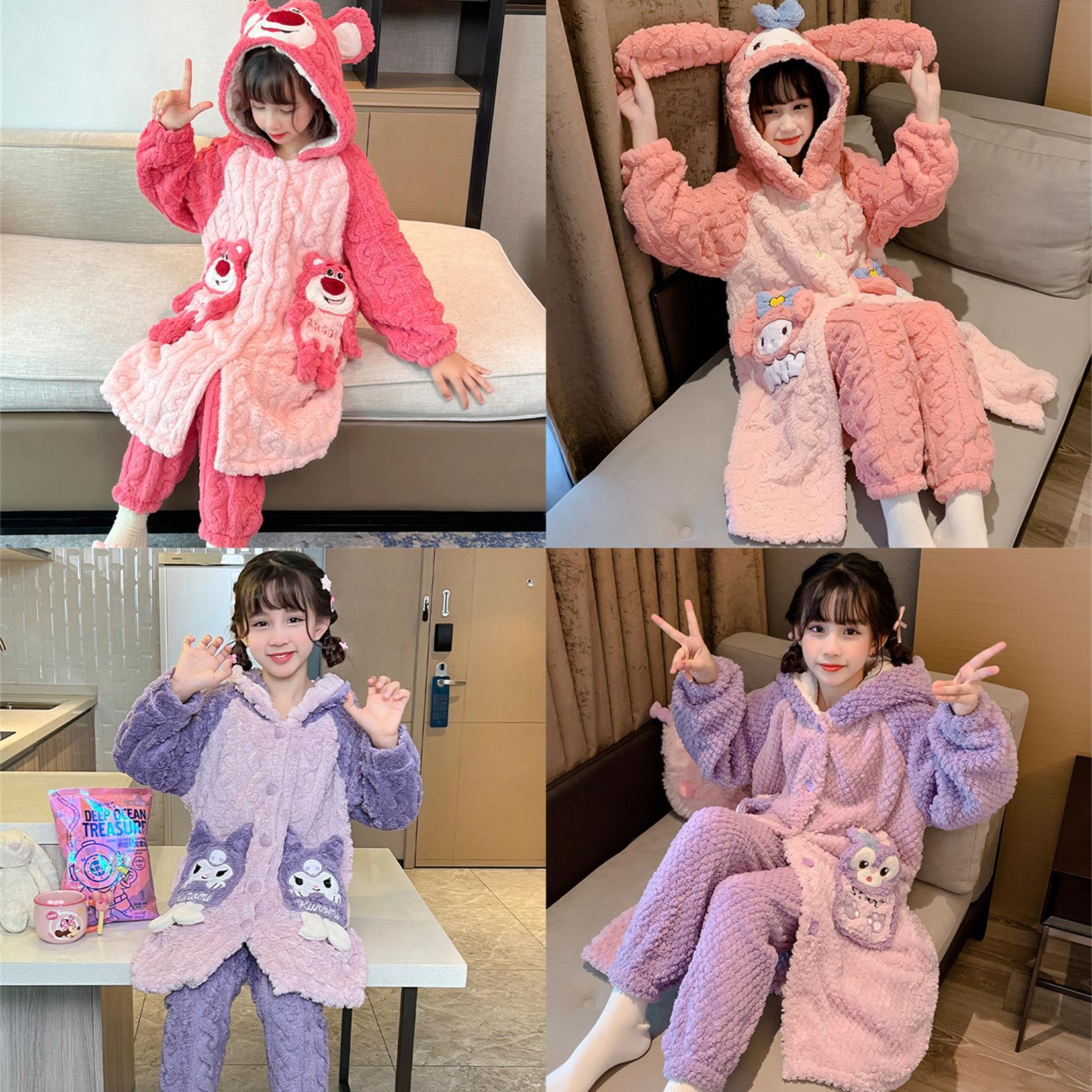 Pijamas infantiles de franela niñas encapuchados largos set de invierno calentamiento de niños coral lana ropa para el hogar