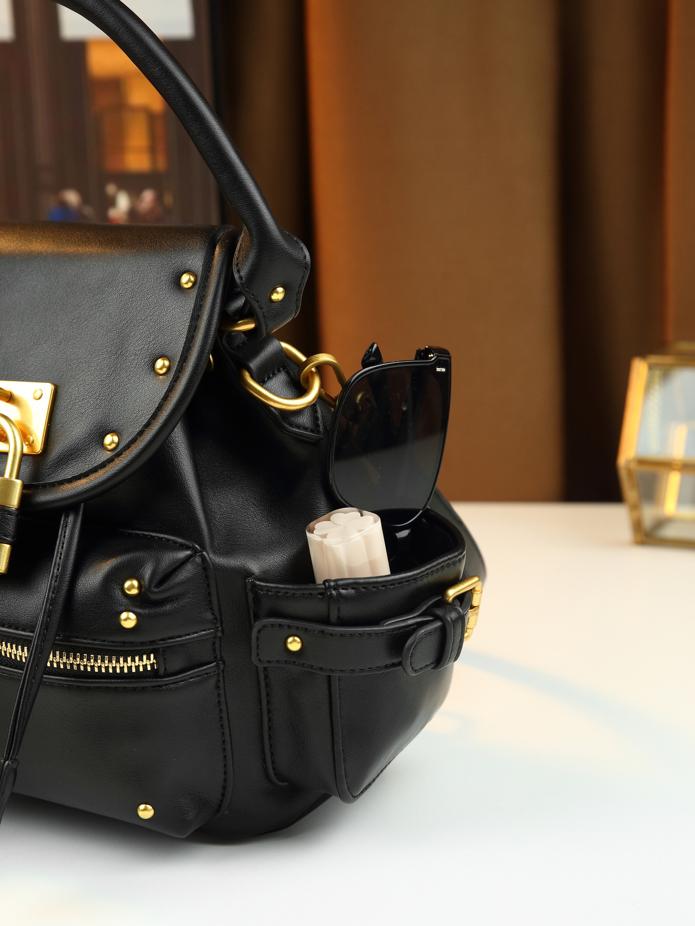 Borsa a mano retrò con lucchetto borchiato, media, multifunzionale, da donna, a tracolla, zaino da pendolare, in pelle PU con cerniera_voghion.com
