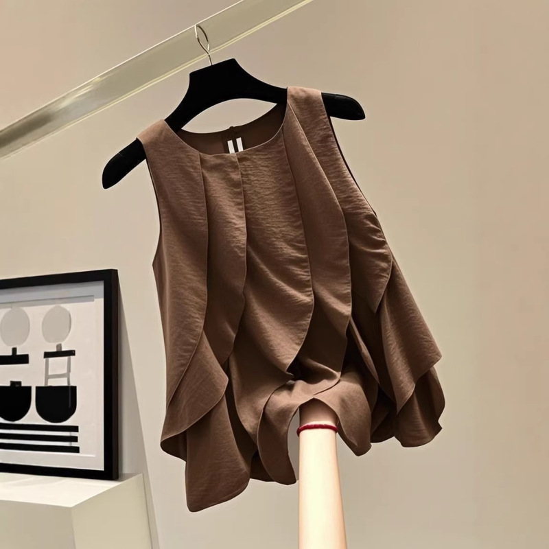 Ruffled Patchwork Round Neck Pullover Shirt 2026 Summer Korean Style Loose Slimming Solid Color Casual Versatile Tank Top Trendy