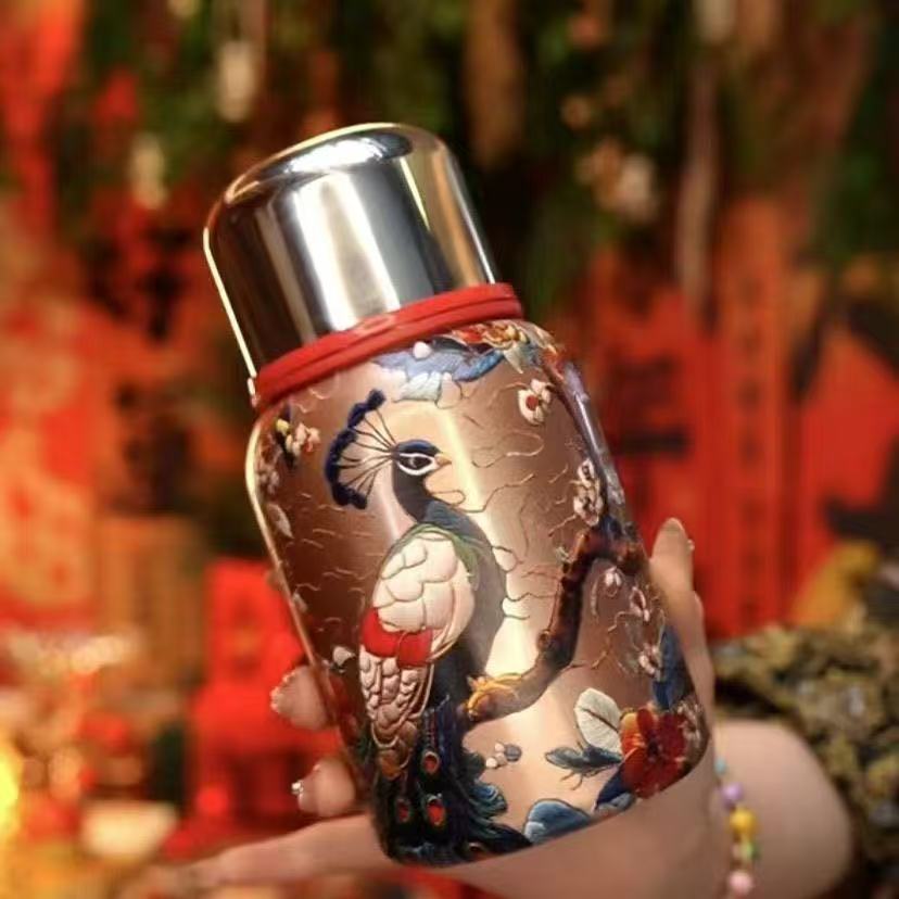 复古孔雀保温杯316不锈钢双层真空弹跳杯牡丹玫瑰杯批发女士