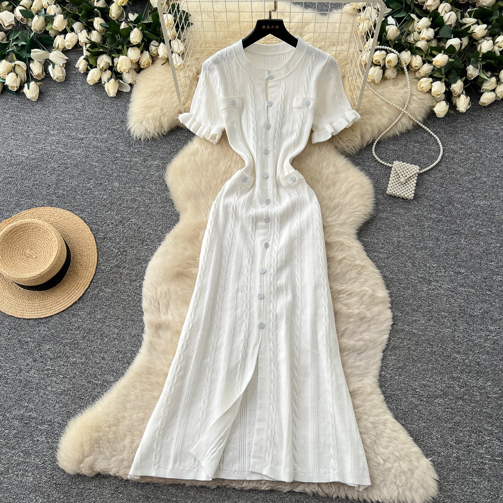 Women's Clothing Elegant Knit Tweed Dress With Front Buttons And Short Sleeves For Women_ecoleips.com