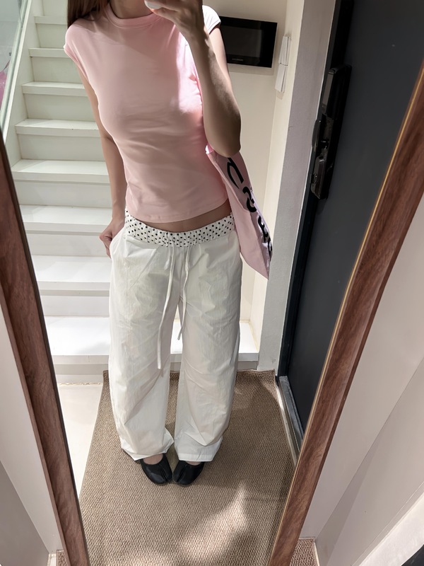 【现货】美式波点腰头拼接休闲阔腿裤女2025夏街头松紧腰白色垂感|undefined