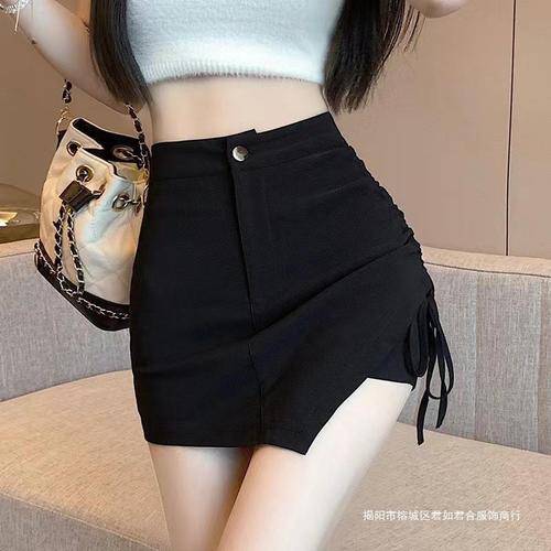 Women's Summer Short Pants Unstructured Elastic Drawstring A-line Skirt Bodysuit Slimming High-Waisted Booty Skirt
