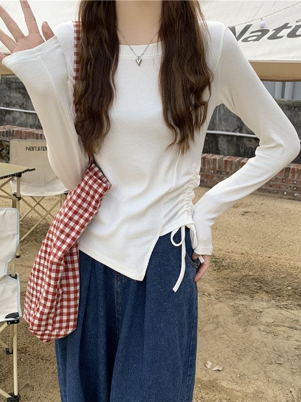 正肩长袖t恤女春秋内搭短款小个子显高别致设计感抽绳打底衫上衣|undefined