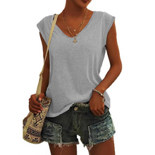 亚马逊2025夏季新款女士休闲纯色无袖背心V领上衣T恤女 A47