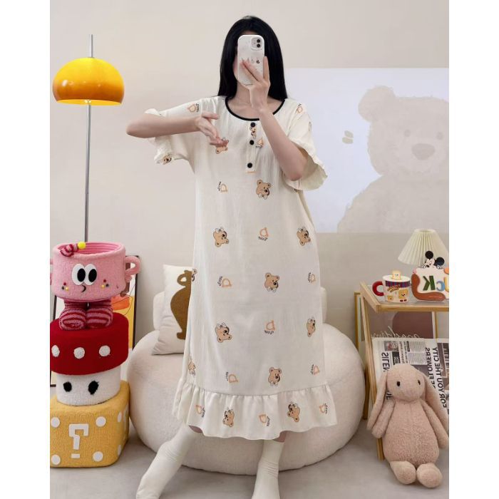 Camisón transfronterizo verano nuevo estilo femenino falda larga de manga corta dulce y linda nube de algodón estilo simple pijama de cuello redondo se puede usar afuera