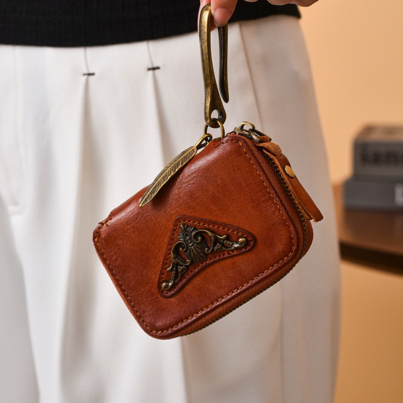 First-Layer Vegetable-Tanned Leather Key Case, Vintage Distressed Handmade Zipper Coin Purse, Car Key Storage Card Holder Pendant