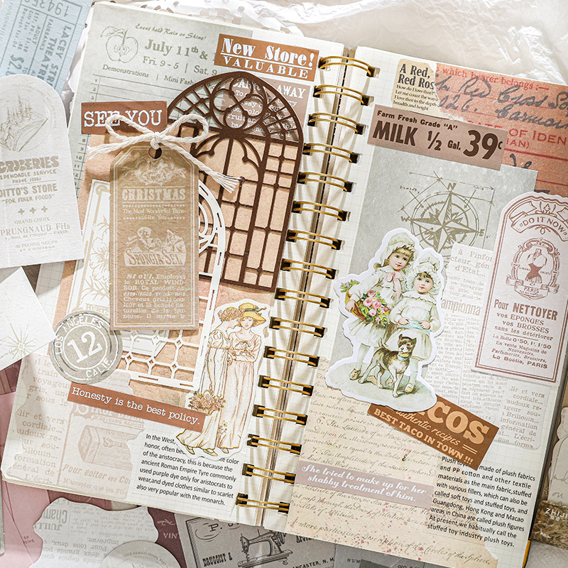 Material de cuenta de mano retro con huellas de papel, años de papel, años, años, decoración de collage de cuenta de mano, fondo de papel, fragancia de hierba, paquete de material