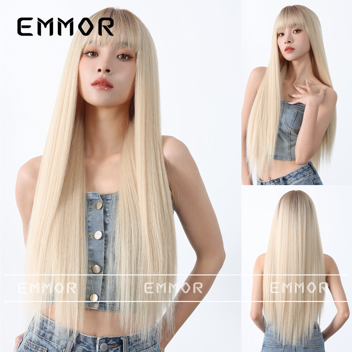 Peluca de celebridades de internet de estilo coreano cabello largo femenino flequillo de dibujos animados cabello recto puro quiere mostrar el color del cabello blanco simulación natural peluca cubierta de la cabeza