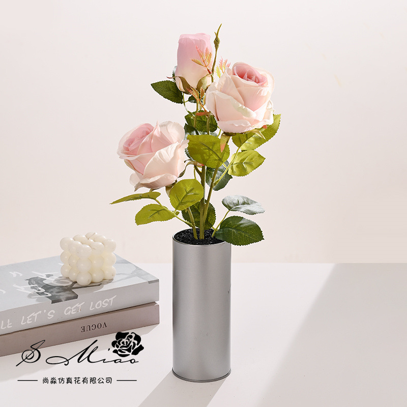 Flores simuladas de tres cabezas de rosa pequeña decoración creativa bonsai fábrica de decoración directa para plantas verdes artificiales falsas macetas simuladas image 21