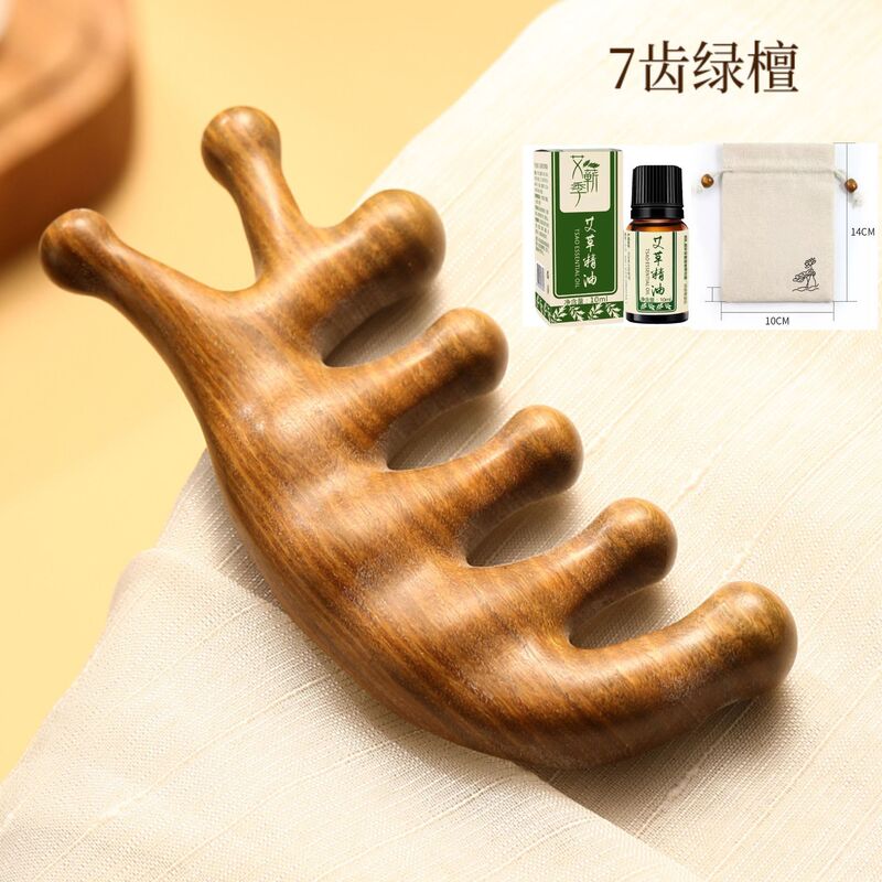 天然緑白檀マッサージコーム、経絡コーム、頭皮治療用5本歯丸頭マッサージコーム、7本歯経絡浚渫コーム|undefined