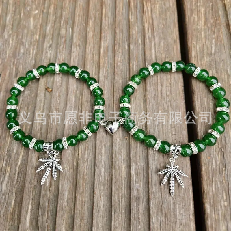 Cross-border Hot Maple Leaf Pendant Couple Green Charm Elastic Bracelet Men and Women Magnetic Love Friendship Beaded Bracelet